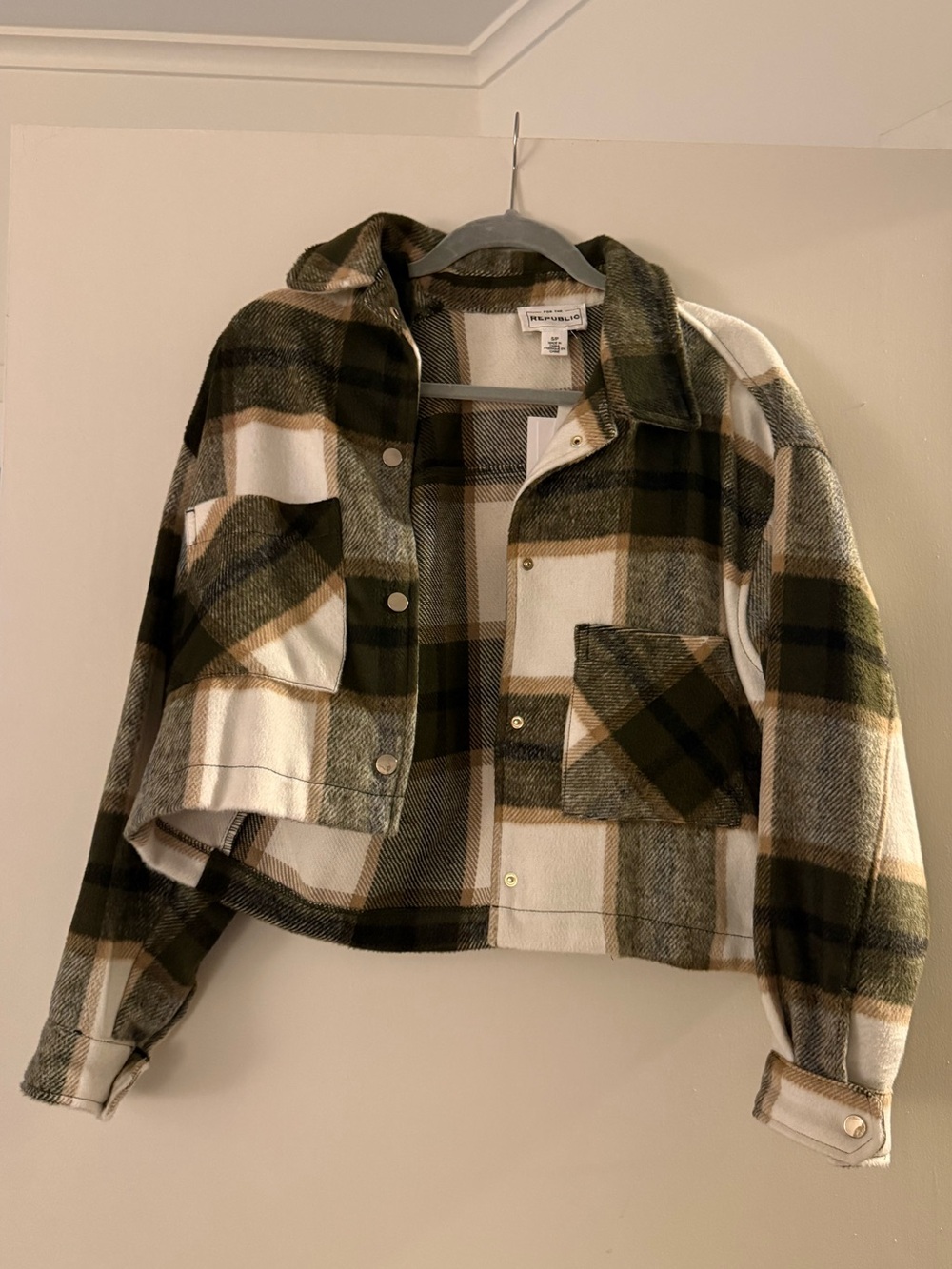 FOR THE REPUBLIC Olive, Cream & Brown Plaid Cropped Shacket